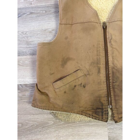 Vtg Carhartt Canvas Work Vest Jacket 3XL Tan Brown Sherpa Lined Thrashed Stains - Picture 5 of 11